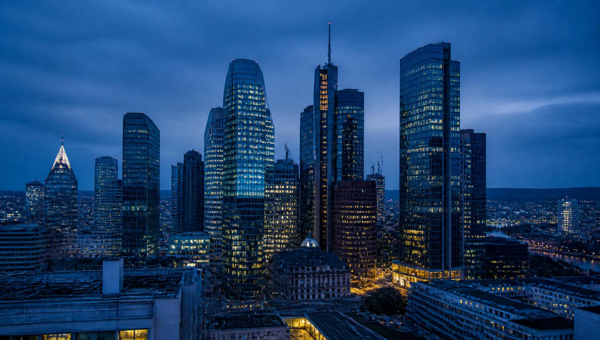 Europäisches Geschäftsviertel zur blauen Stunde, Symbol für Finanzinstitute
